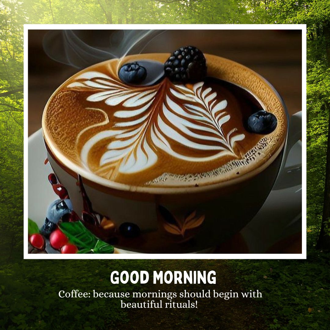 A cup of coffee featuring intricate latte art with leaf patterns, topped with a blackberry and two blueberries. The cup is placed against a forest background. The text below reads, "GOOD MORNING - Coffee: because mornings should begin with beautiful rituals!" Perfect for romantic good morning coffee images.