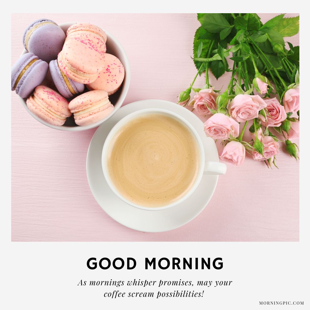 A flat lay image of a cup of coffee on a white saucer, accompanied by a bowl of purple and pink macarons, and a bouquet of pink roses. The text reads: "Good Morning. As mornings whisper promises, may your coffee scream possibilities!" 