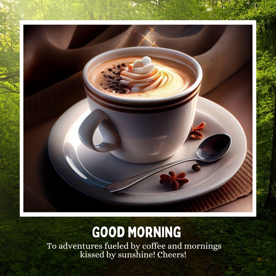 A cup of frothy coffee on a white saucer with a spoon, garnished with whipped cream and sprinkles, placed on cozy brown fabric. Text reads: "GOOD MORNING. To adventures fueled by coffee and mornings kissed by sunshine! Cheers!" The background shows a lush green forest—perfect for romantic good morning coffee images.