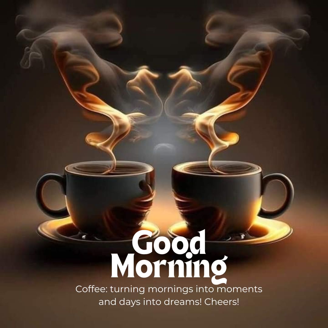 Two steaming cups of coffee face each other against a dark backdrop, with artistic swirls rising from the cups. Text overlay at the bottom reads: "Good Morning. Coffee: turning mornings into moments and days into dreams! Cheers!" Perfect for those who love good morning coffee pictures.