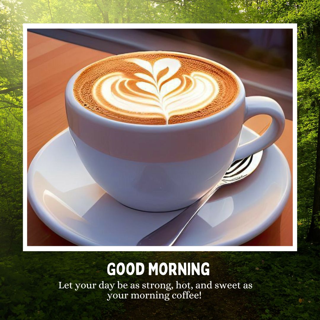 A beautifully crafted latte with a heart-shaped design in the froth sits in a white cup on a saucer, accompanied by a spoon. The image is framed with a nature scene background, and a caption at the bottom reads, "GOOD MORNING. Let your day be as strong, hot, and sweet as your morning coffee!" This is one of those perfect romantic good morning coffee images that sets