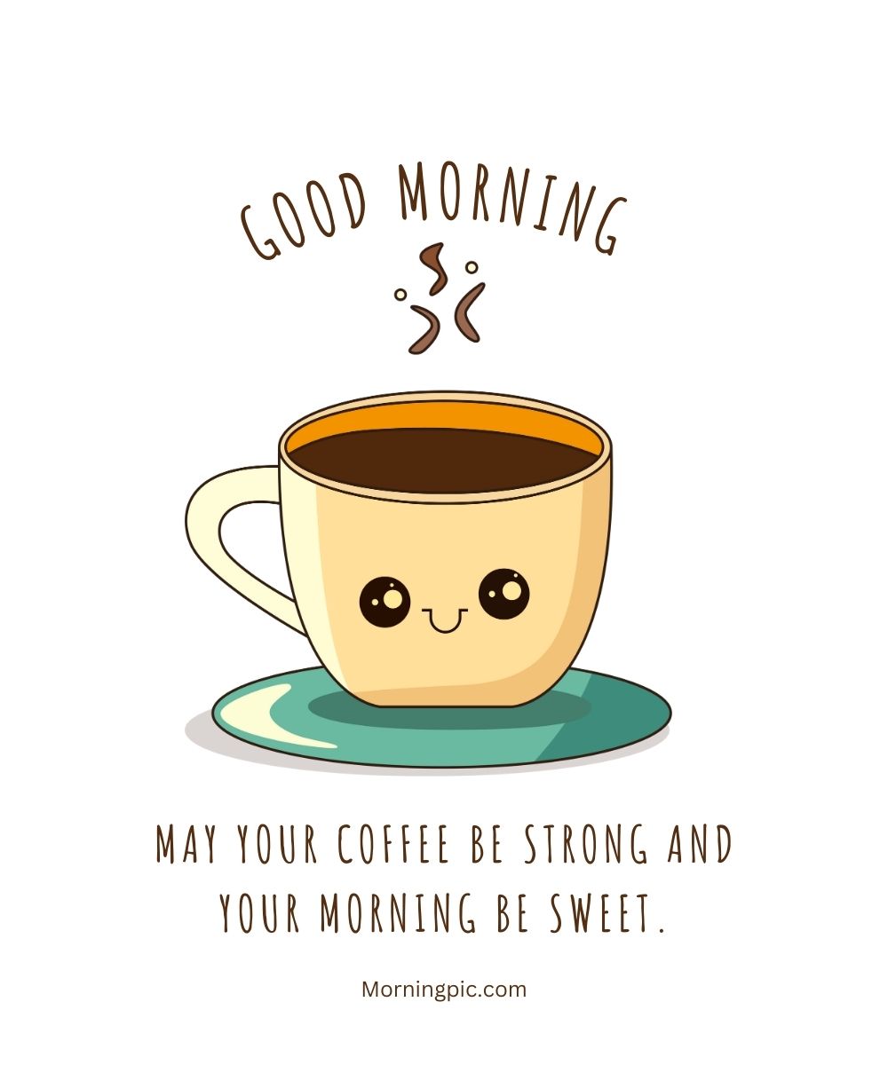 Illustration of a cute coffee cup with a smiling face on a saucer. Above the cup, text reads "Good Morning" with two steam lines. Below, text reads "May your coffee be strong and your morning be sweet." The image is from Morningpic.com. Perfect for those searching for good morning images with coffee cup themes.