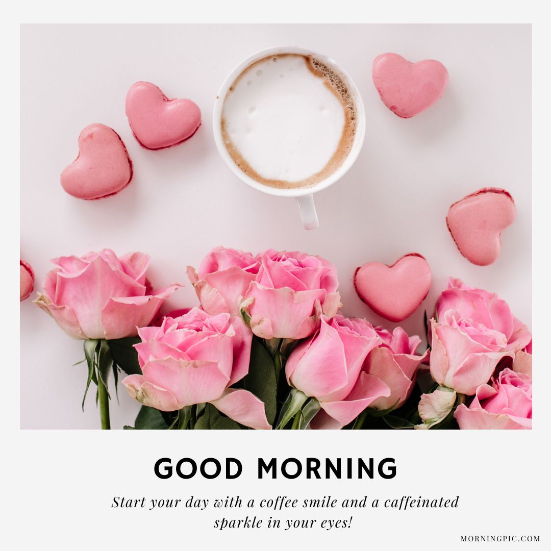 A morning scene with a cup of coffee surrounded by pink roses and heart-shaped macarons. A caption reads: "Good Morning. Start your day with a coffee smile and a caffeinated sparkle in your eyes!" Ideal for those seeking romantic good morning coffee images.
