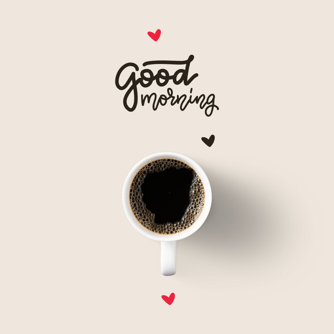 A top-down view of a cup of black coffee on a light background, with the text "Good morning" and small red and black heart icons. This image is a minimalist example of good morning coffee images.