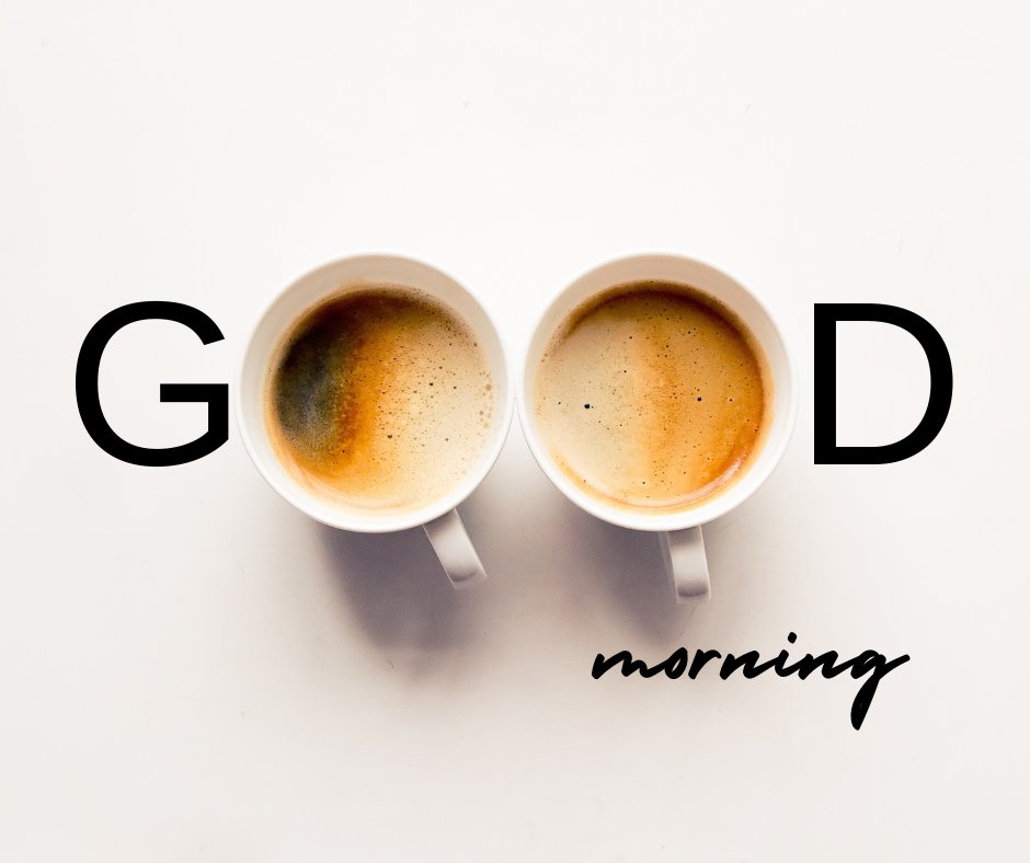 Two cups of coffee are arranged to form the letters "O" in the word "GOOD," with "morning" written below on a white background. This image creatively represents good morning coffee images.