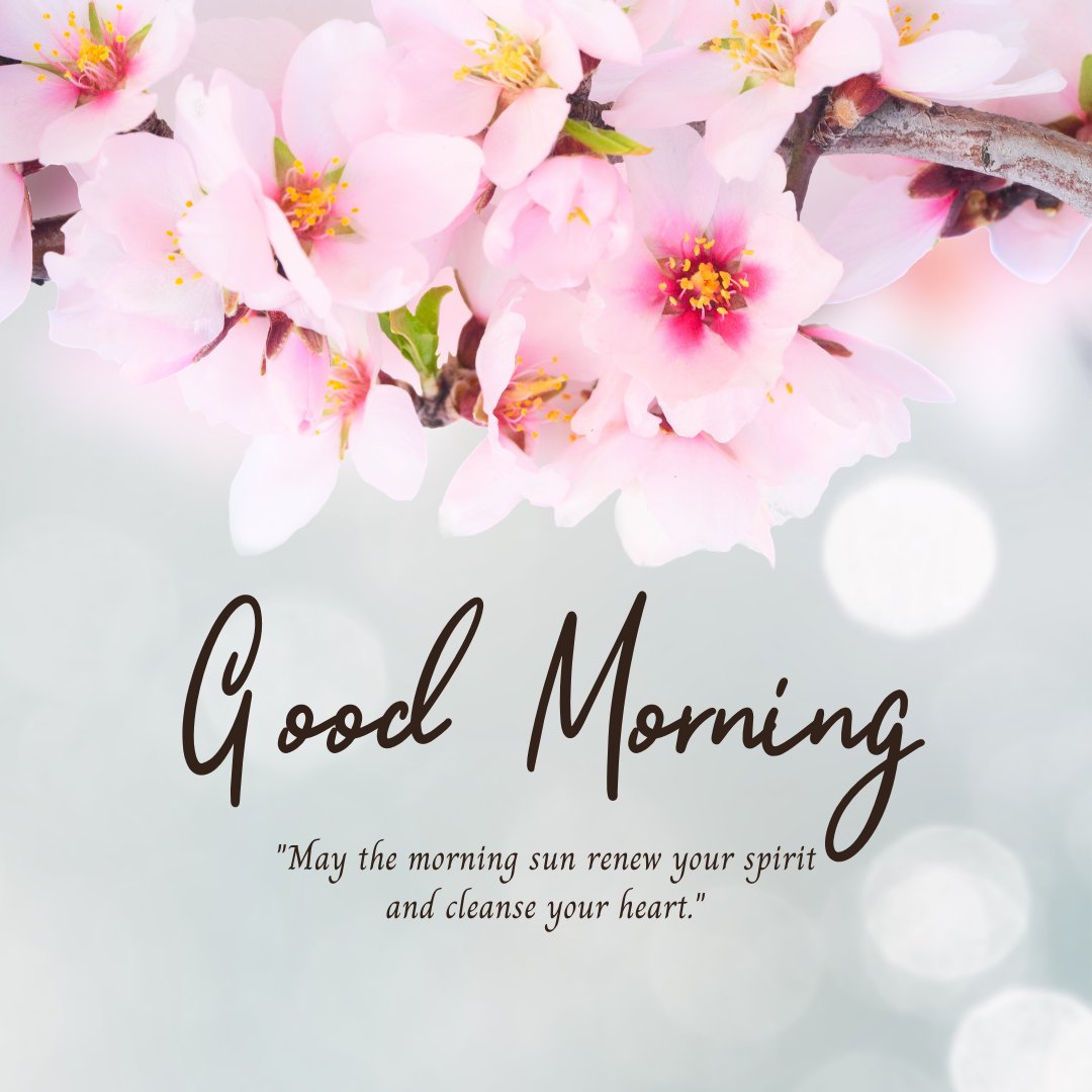 Good morning blessings image featuring delicate pink almond blossoms on a branch, with a 'Good Morning' greeting and a quote about the morning sun renewing the spirit and cleansing the heart.