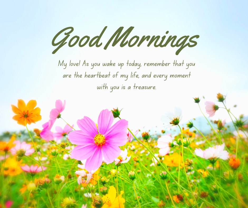 Good Morning Romantic Message for Sweetheart featuring a field of colorful wildflowers with the text 'My love! As you wake up today, remember that you are the heartbeat of my life, and every moment with you is a treasure.'