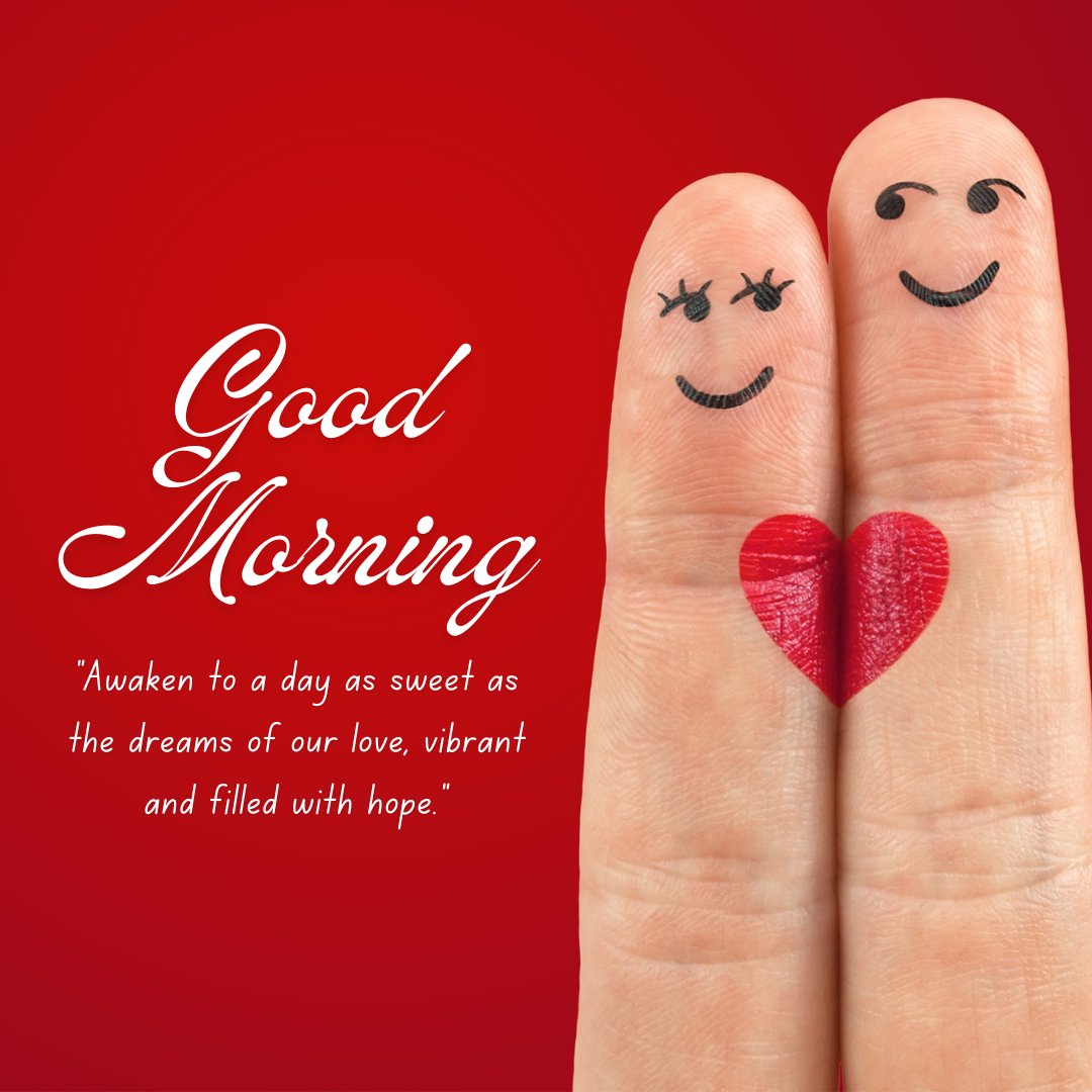 Sweet Beautiful Good Morning Quotes for True Love featuring two fingers with smiley faces and a heart on a red background with the text 'Awaken to a day as sweet as the dreams of our love, vibrant and filled with hope.'